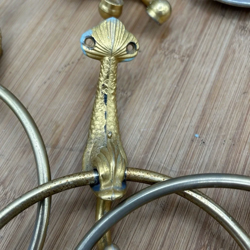 Vtg BRASS‎ Koi Fish (4) Wall Mount Towel Racks, Tissue Set & Tooth Brush/cup